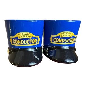 Polar Express Conductor Mug Set Blue Yellow Ceramic Drinkware